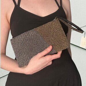 Brand new with tags handmade gold and silver beaded party clutch bag wrist strap
